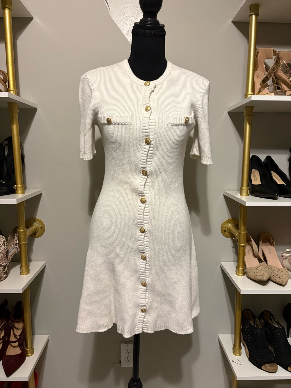 H&M Cream Short-Sleeve Button-Front Knit Dress